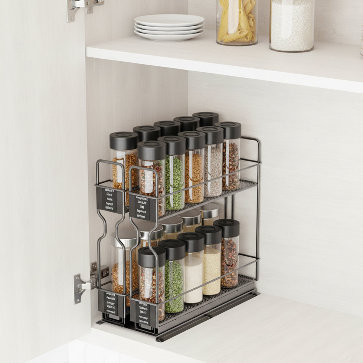 2-Tier Pull Out Spice Rack Organizer for Cabinet, Heavy Duty Slide Out Seasoning Organizer with Labels, 2 Drawers
